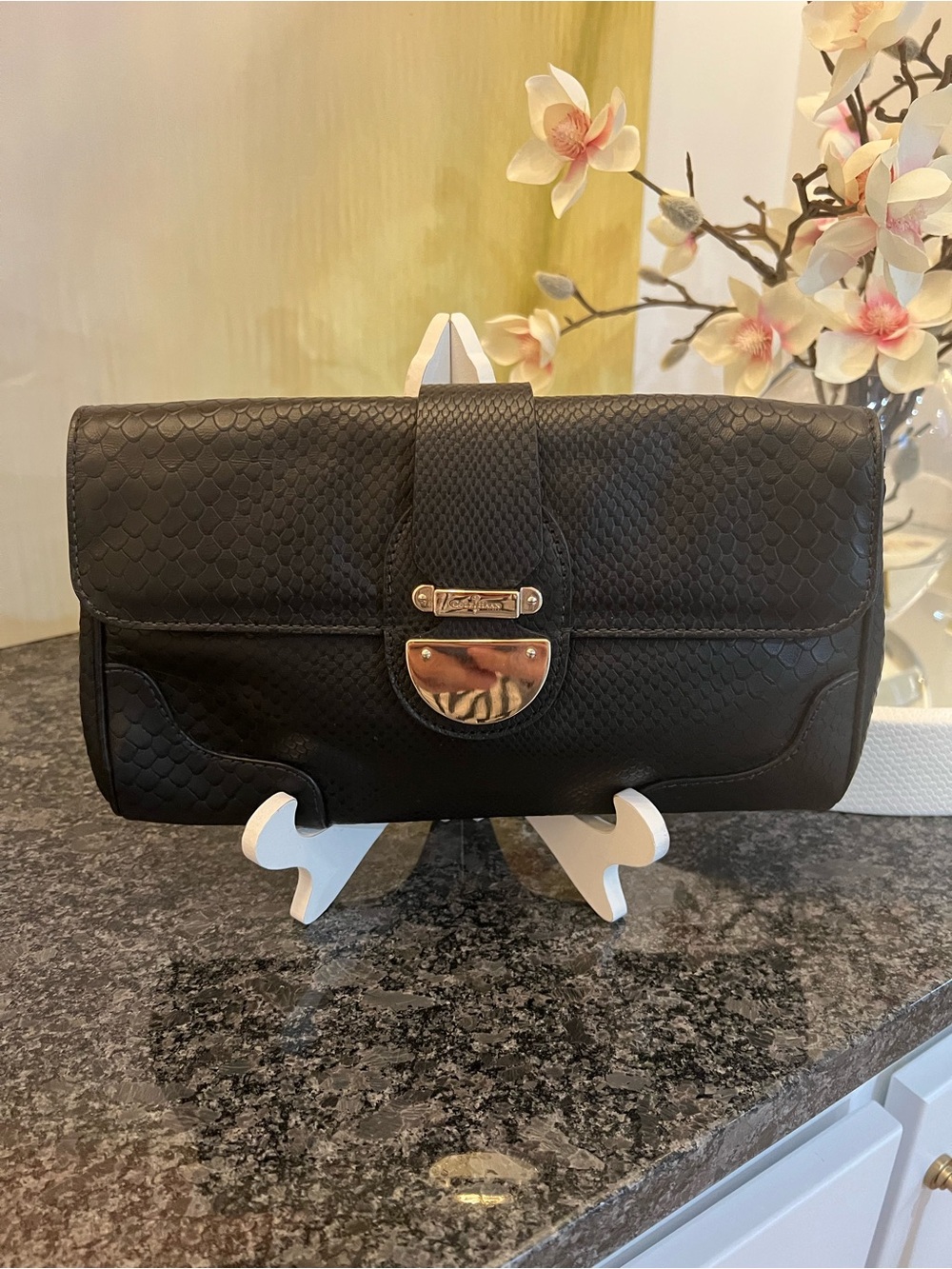 Large Cole Haan Black Textured Clutch with Gold Accent